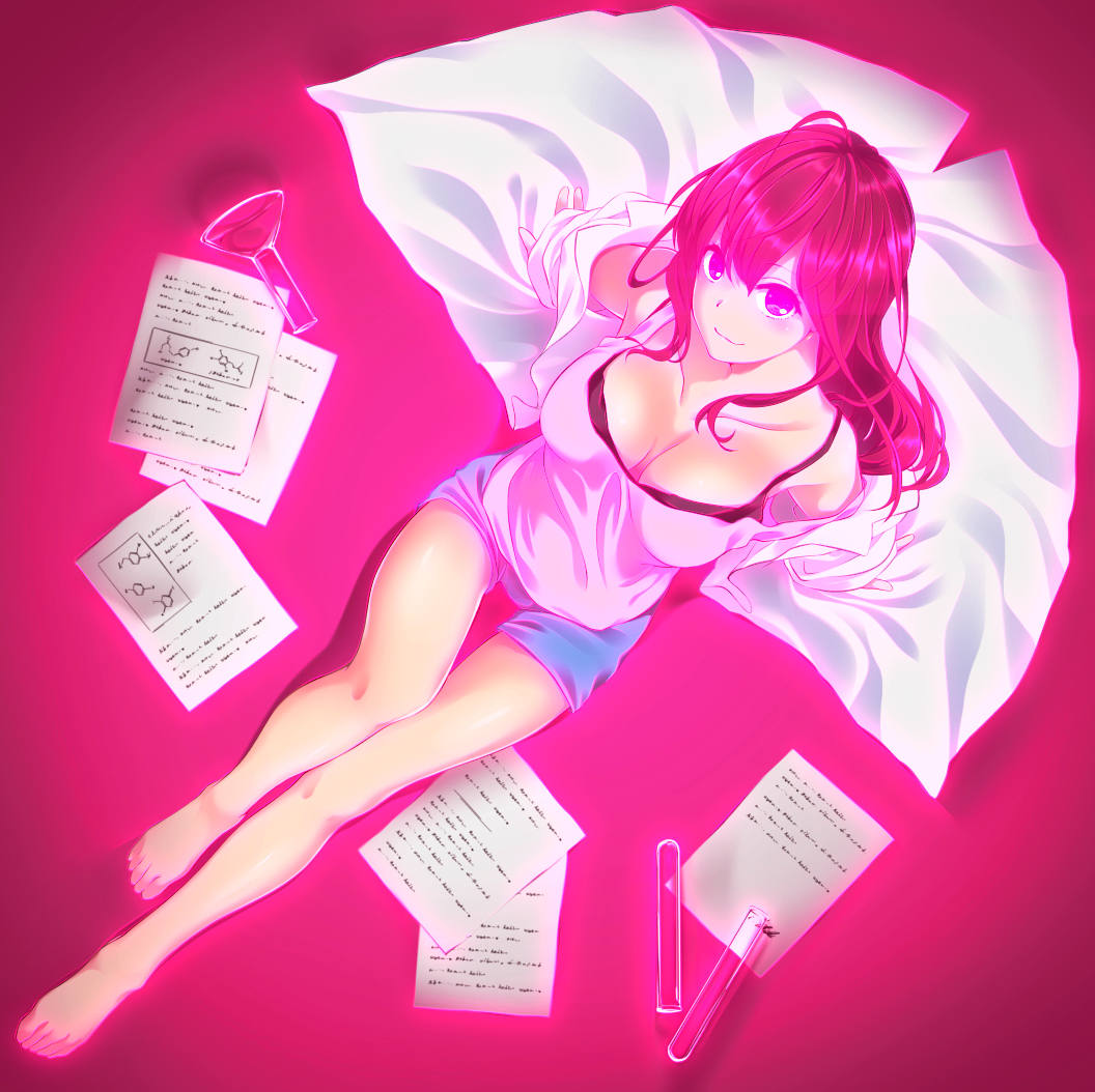 Glowing a bright pink, Shiki leans back while sitting on the floor, flanked on either side by various papers and test tubes.  Her lab coat is draped under her, lowered to about halfway down her arms, baring her shoulders.